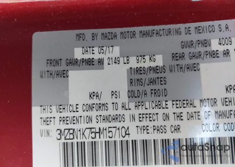 2017 Mazda Mazda3 Sport from USA, damaged, VIN 3MZBN1K75HM157104